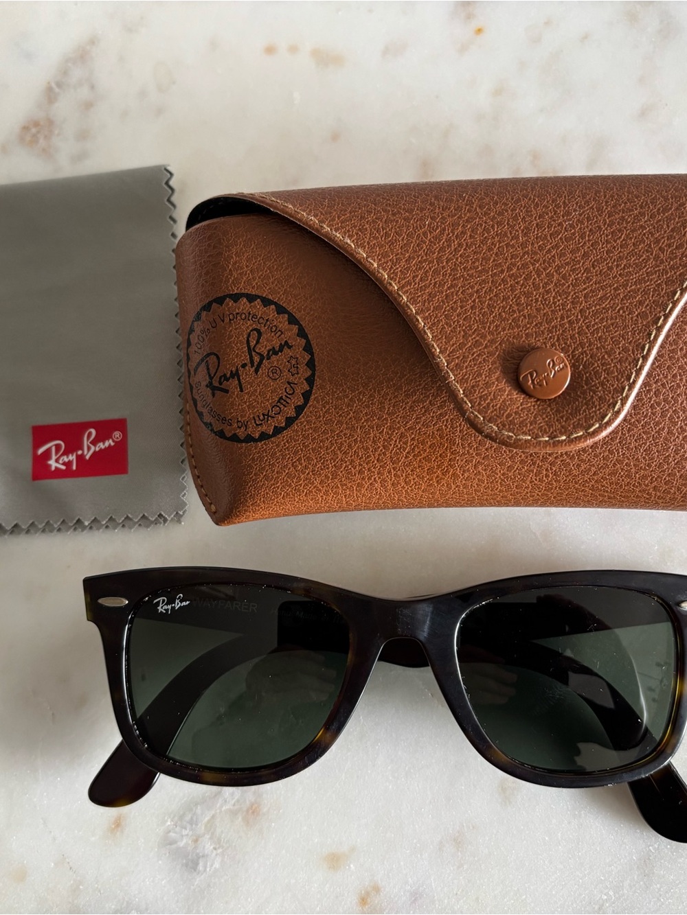 Ray-Ban Tortoiseshell Frames with Green Lenses and Brown Case